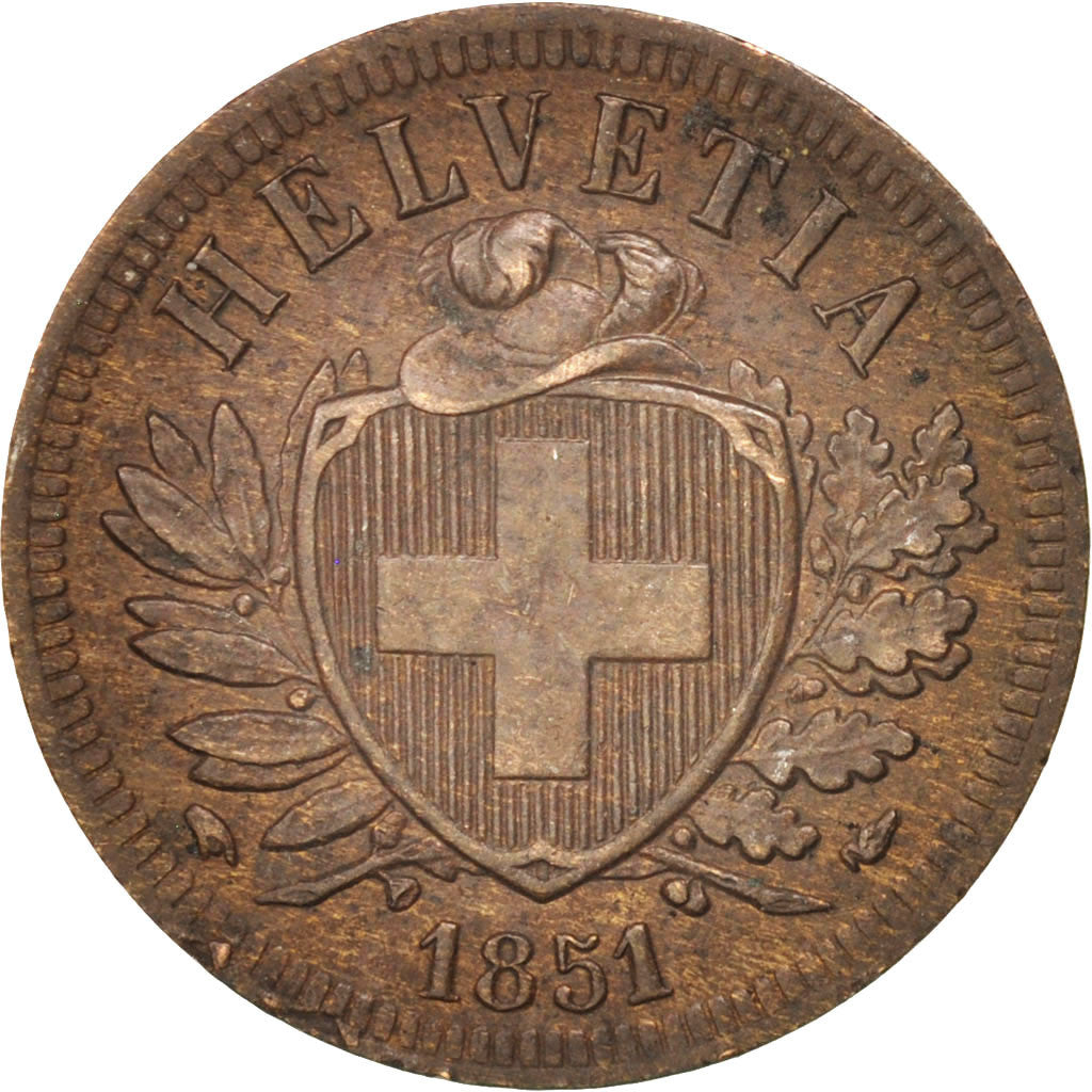 Coin, Switzerland, 2 Rappen, 1851, MS(60-62), Bronze, KM:4.1
