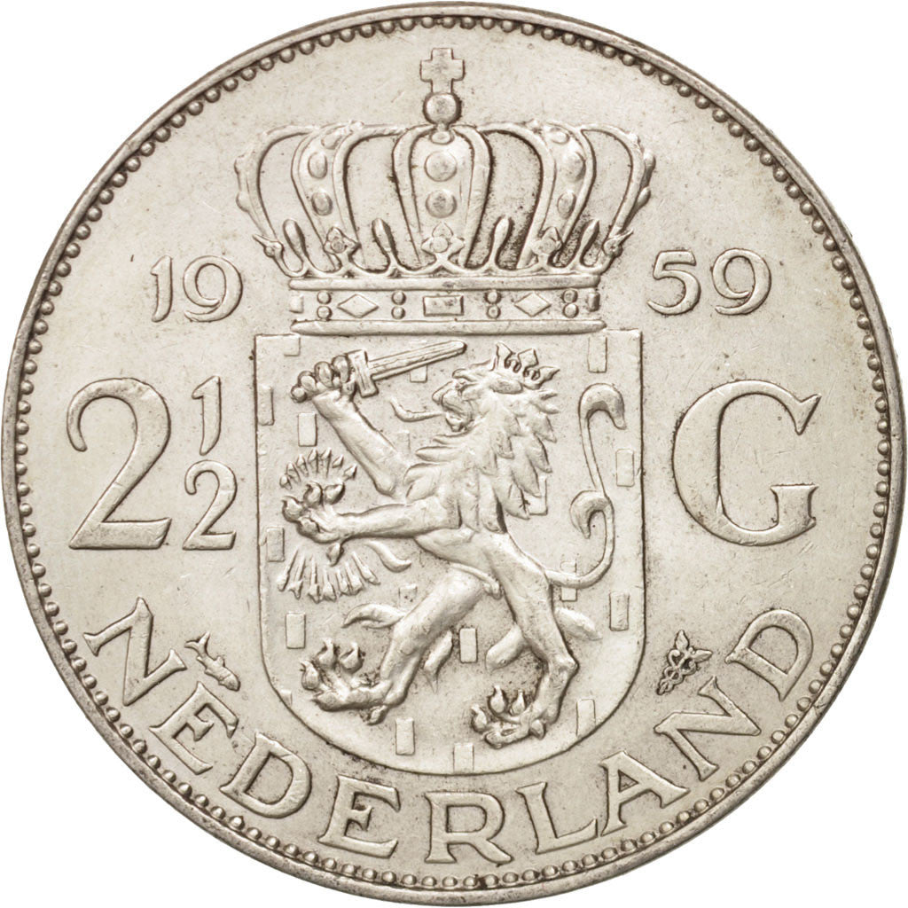 Coin, Netherlands, Juliana, 2-1/2 Gulden, 1959, MS(60-62), Silver, KM:185