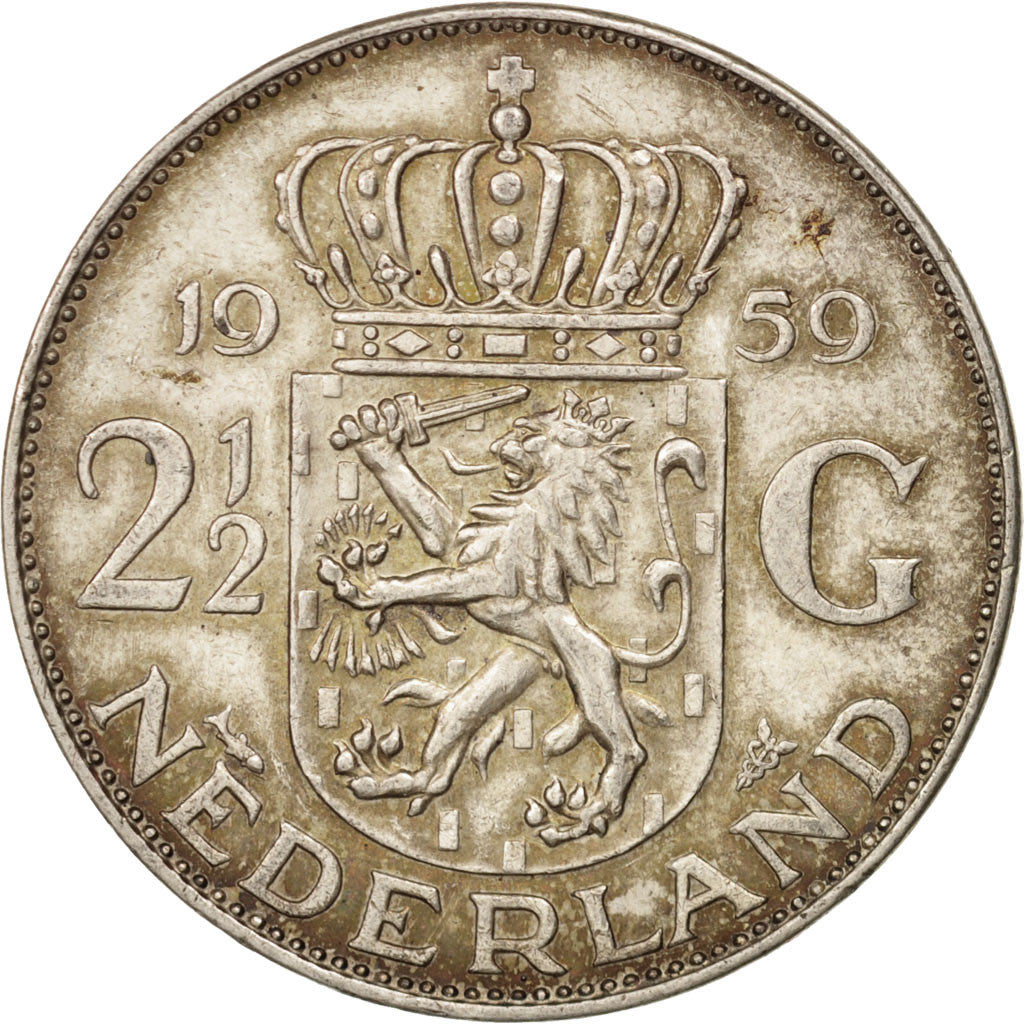 Netherlands, Juliana, 2-1/2 Gulden, 1959, AU(55-58), Silver