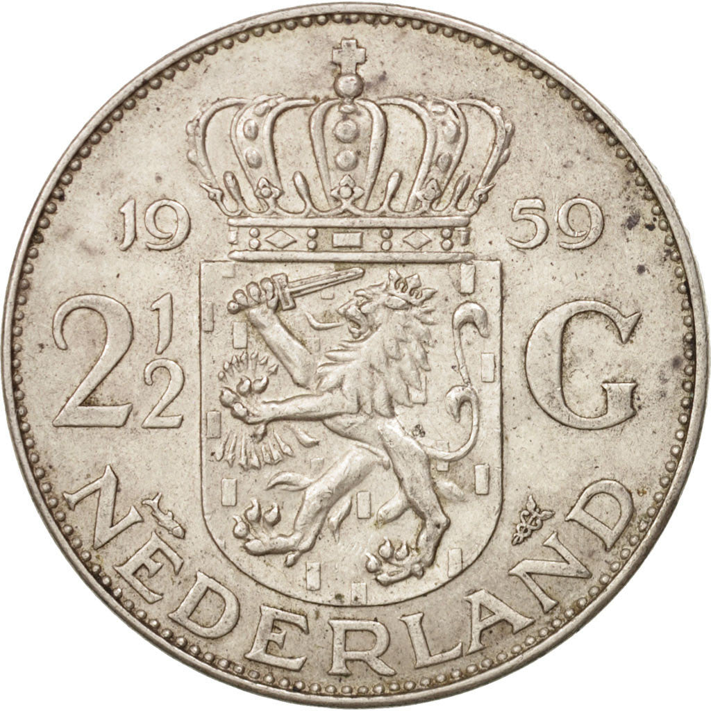 Coin, Netherlands, Juliana, 2-1/2 Gulden, 1959, AU(55-58), Silver, KM:185