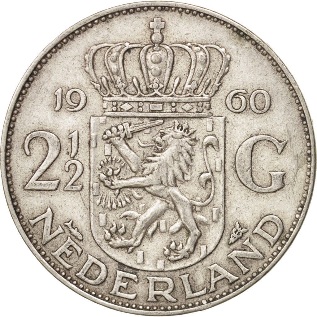 Netherlands, Juliana, 2-1/2 Gulden, 1960, AU(55-58), Silver