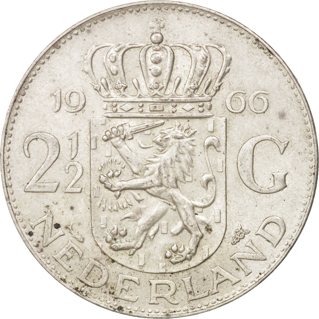 Coin, Netherlands, Juliana, 2-1/2 Gulden, 1966, MS(60-62), Silver, KM:185