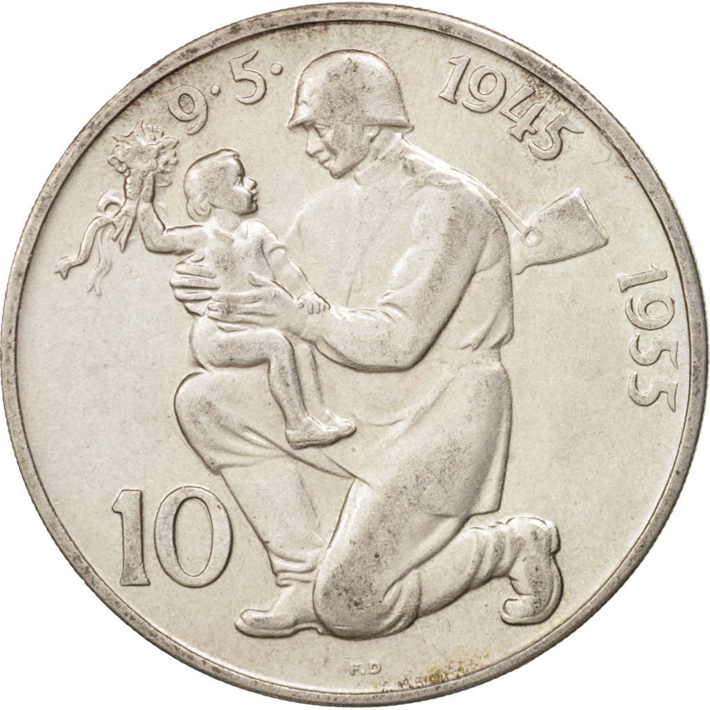 Czechoslovakia, 10 Korun, 1955, AU(55-58), Silver, KM:42