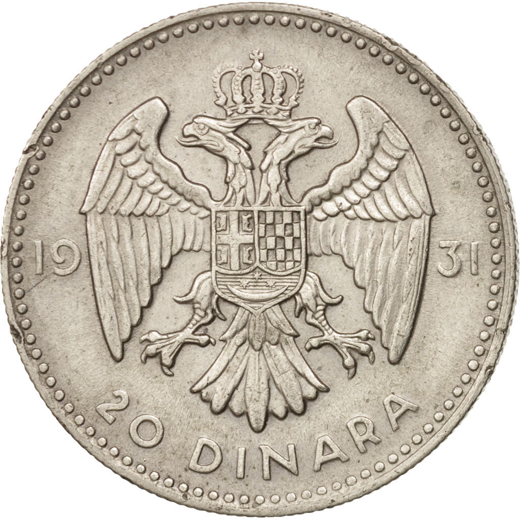 Yugoslavia, Alexander I, 20 Dinara, 1931, AU(50-53), Silver