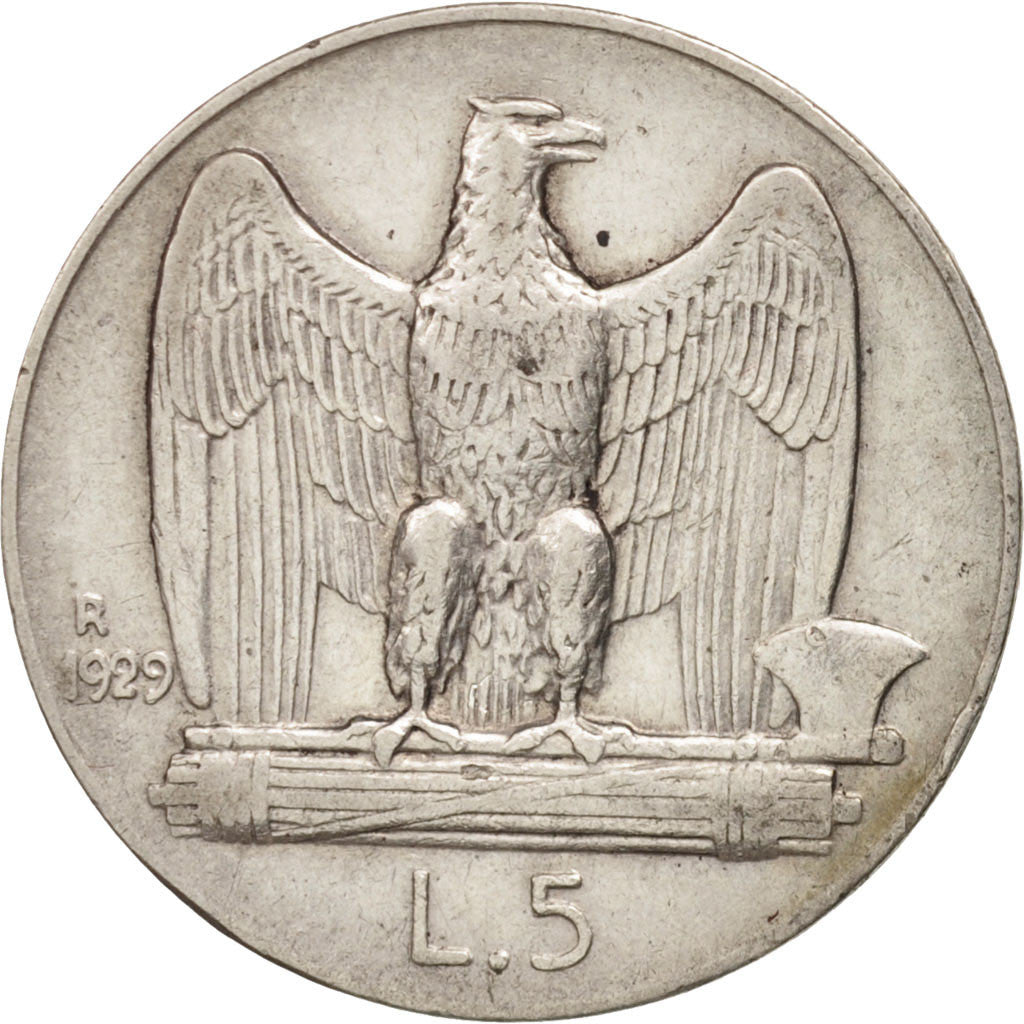 Italy, Vittorio Emanuele III, 5 Lire, 1929, Rome, AU(50-53), Silver, KM:67.1
