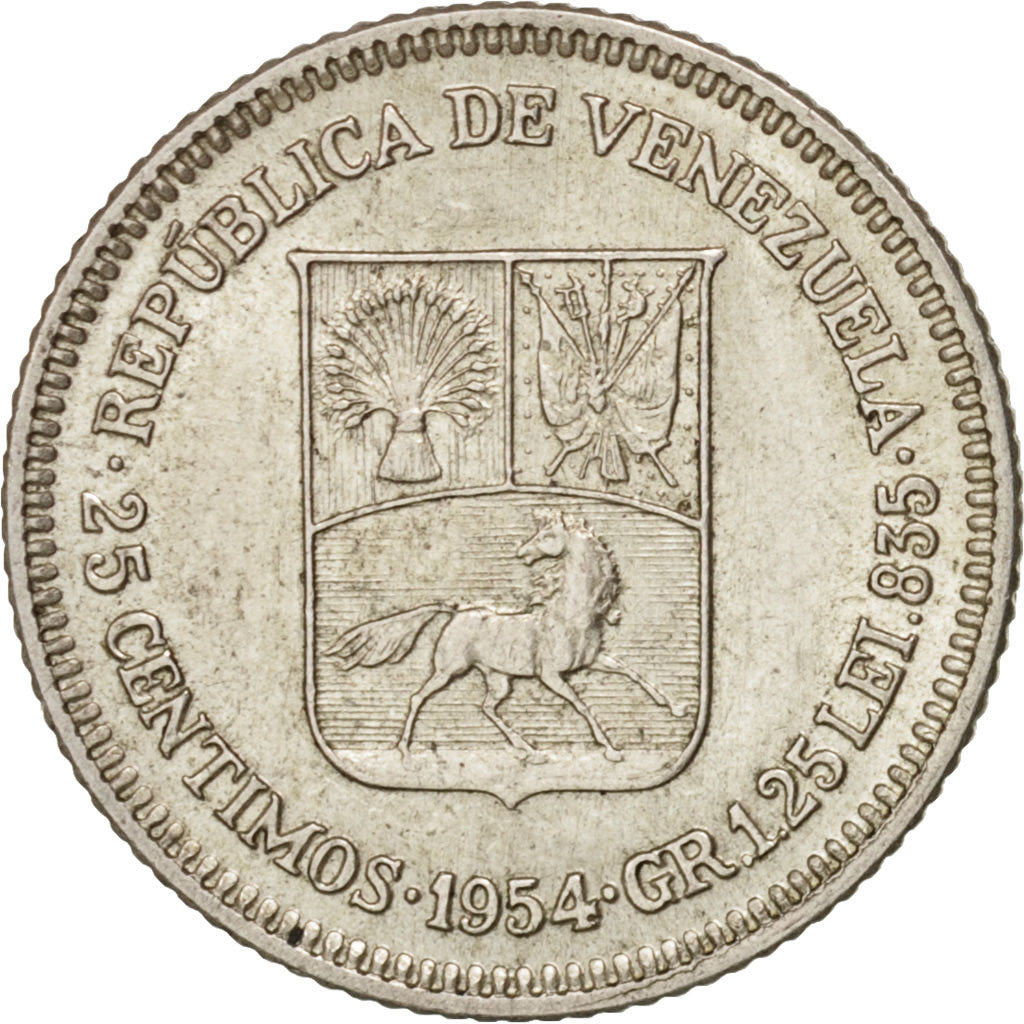 Coin, Venezuela, 25 Centimos, 1954, MS(60-62), Silver, KM:35