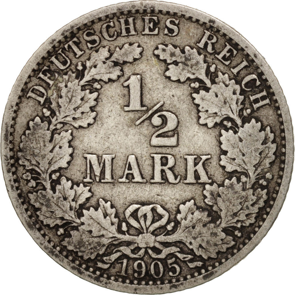 GERMANY - EMPIRE, 1/2 Mark, 1905, Berlin, VF(30-35), Silver, KM:17
