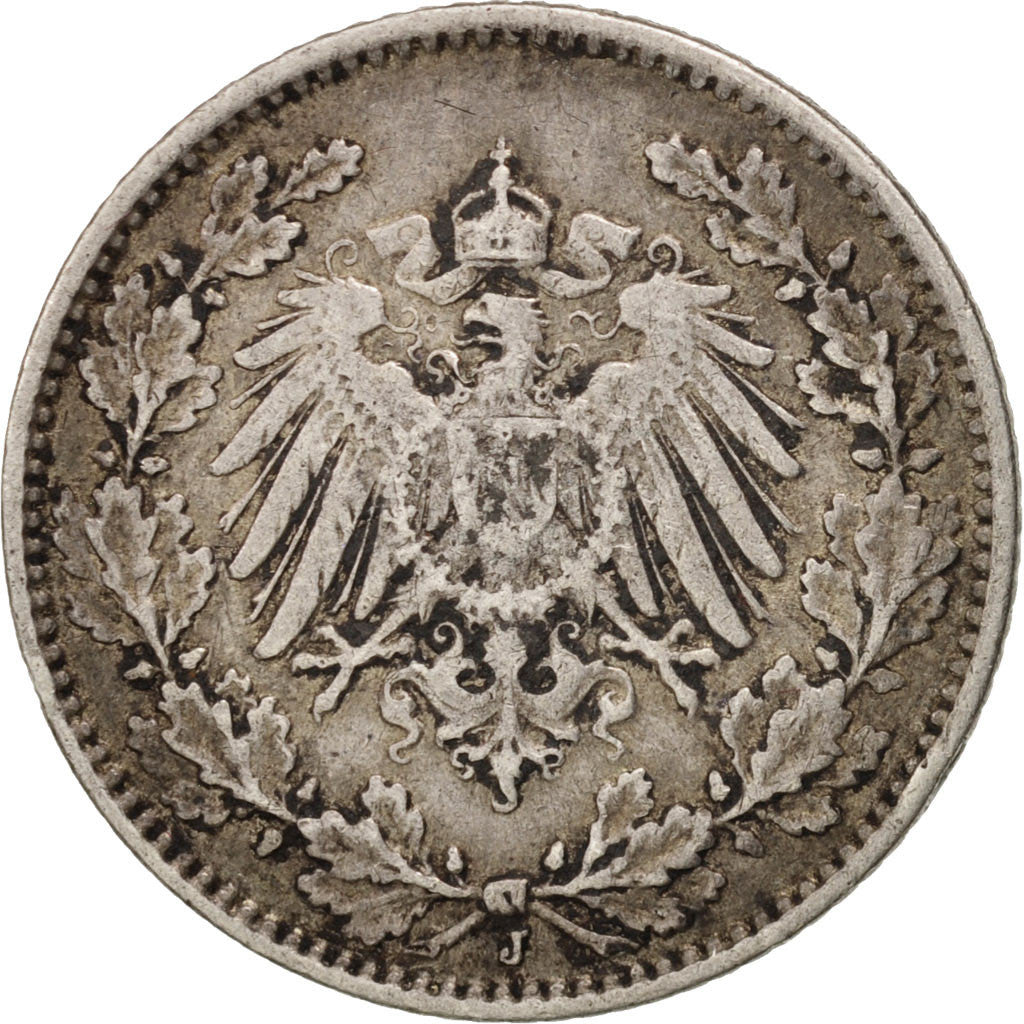Coin, GERMANY - EMPIRE, 1/2 Mark, 1914, Hambourg, EF(40-45), Silver, KM:17