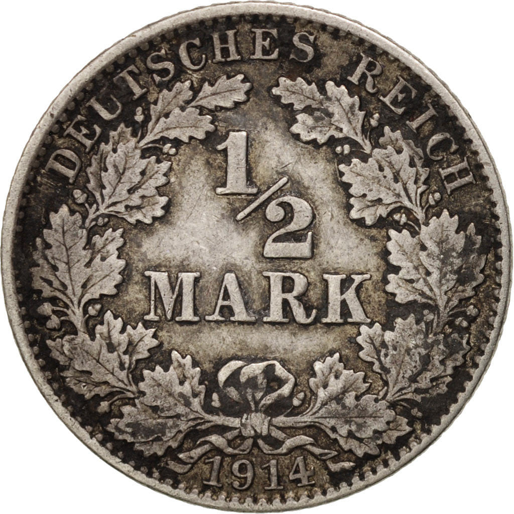 Coin, GERMANY - EMPIRE, 1/2 Mark, 1914, Hambourg, EF(40-45), Silver, KM:17