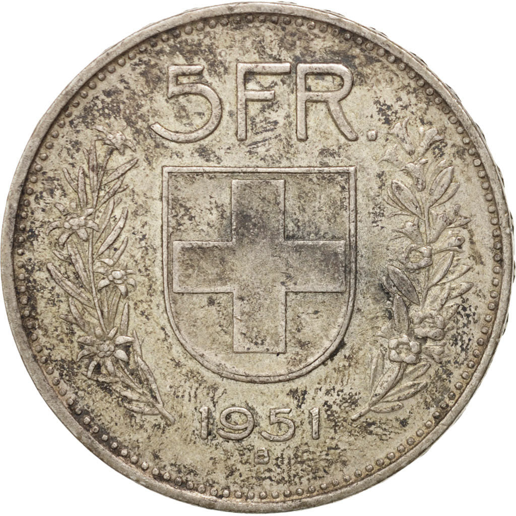 Coin, Switzerland, 5 Francs, 1951, Bern, EF(40-45), Silver, KM:40