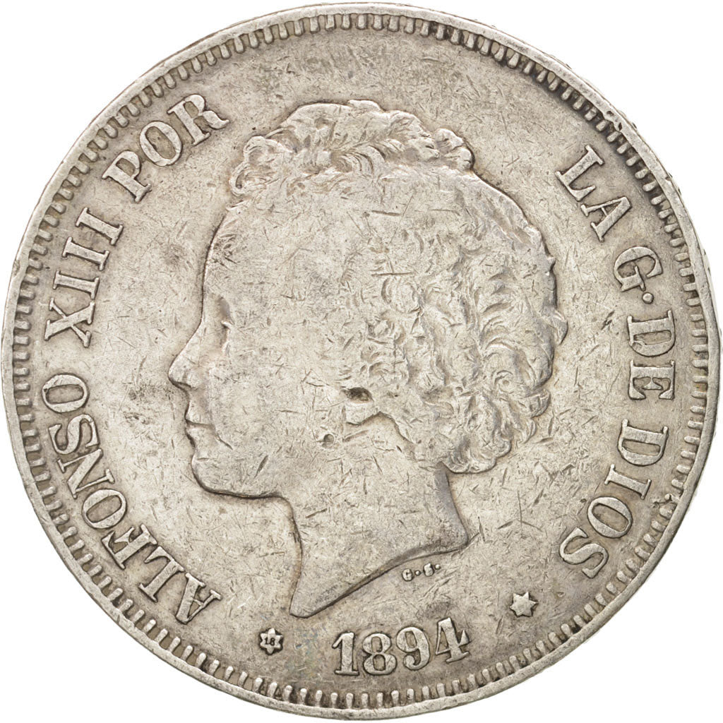 Spain, Alfonso XIII, 5 Pesetas, 1894, Madrid, VF(30-35), Silver, KM:700