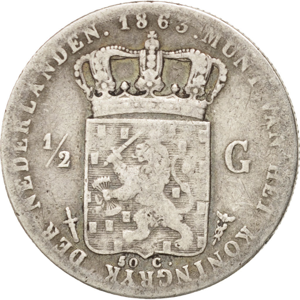Coin, Netherlands, William III, 1/2 Gulden, 1863, F(12-15), Silver, KM:92