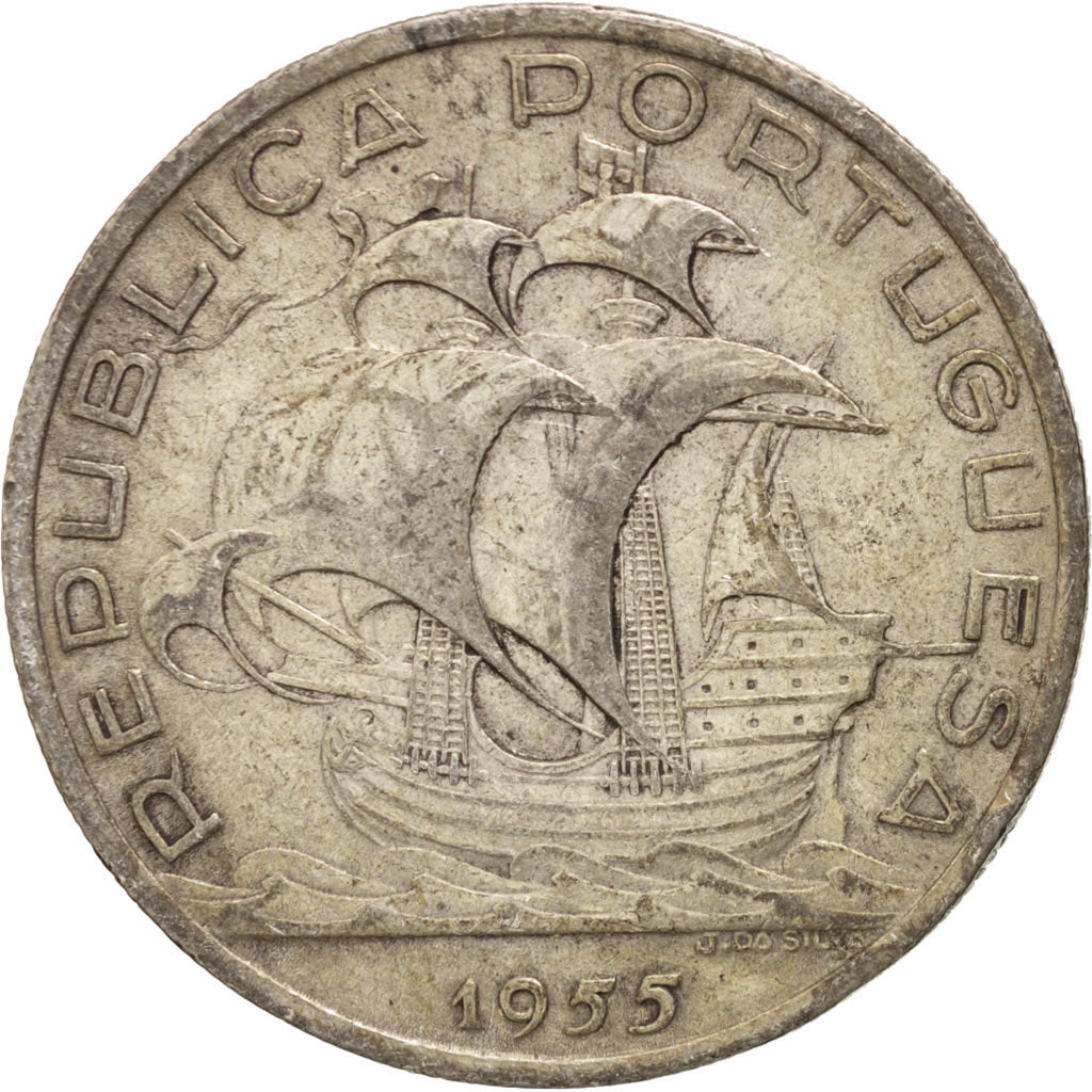 Coin, Portugal, 10 Escudos, 1955, Lisbon, EF(40-45), Silver, KM:586