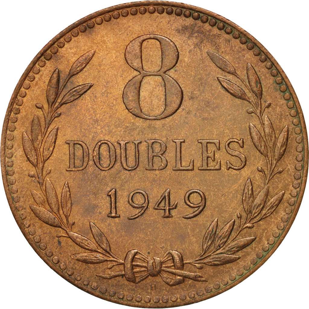 Moneta, Guernsey, 8 Doubles, 1949, Heaton, Birmingham, AU(55-58), Bronze, KM:14