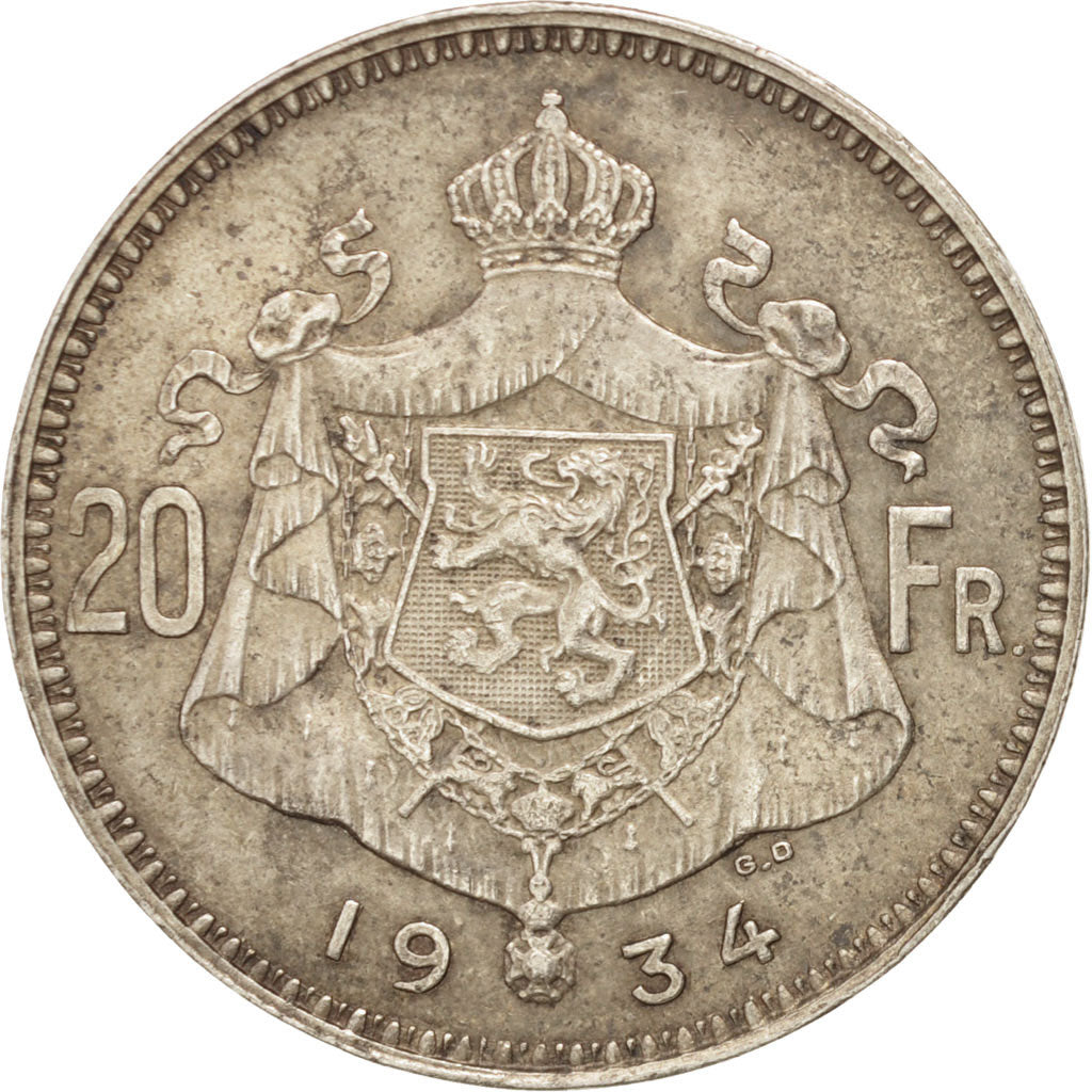 Coin, Belgium, 20 Francs, 20 Frank, 1934, EF(40-45), Silver, KM:104.1