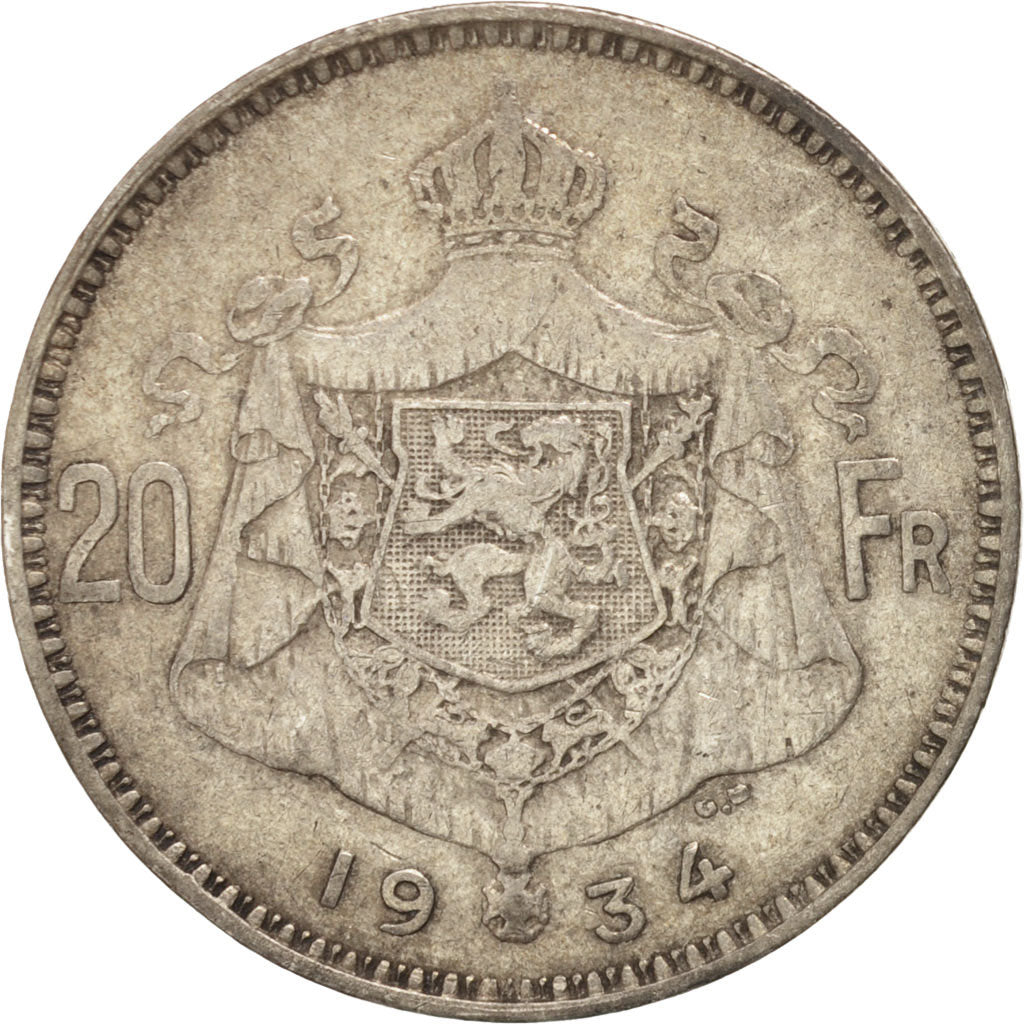 Coin, Belgium, 20 Francs, 20 Frank, 1934, EF(40-45), Silver, KM:104.1