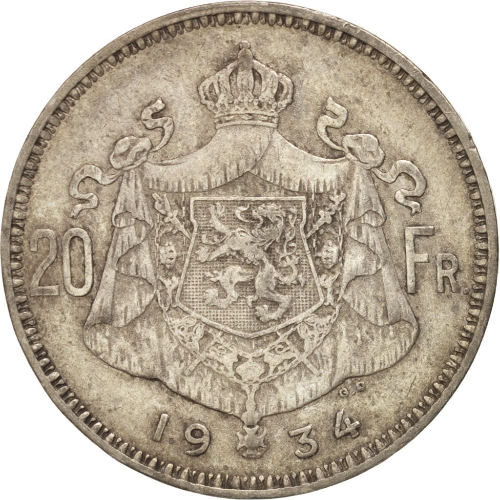 Coin, Belgium, 20 Francs, 20 Frank, 1934, EF(40-45), Silver, KM:104.1