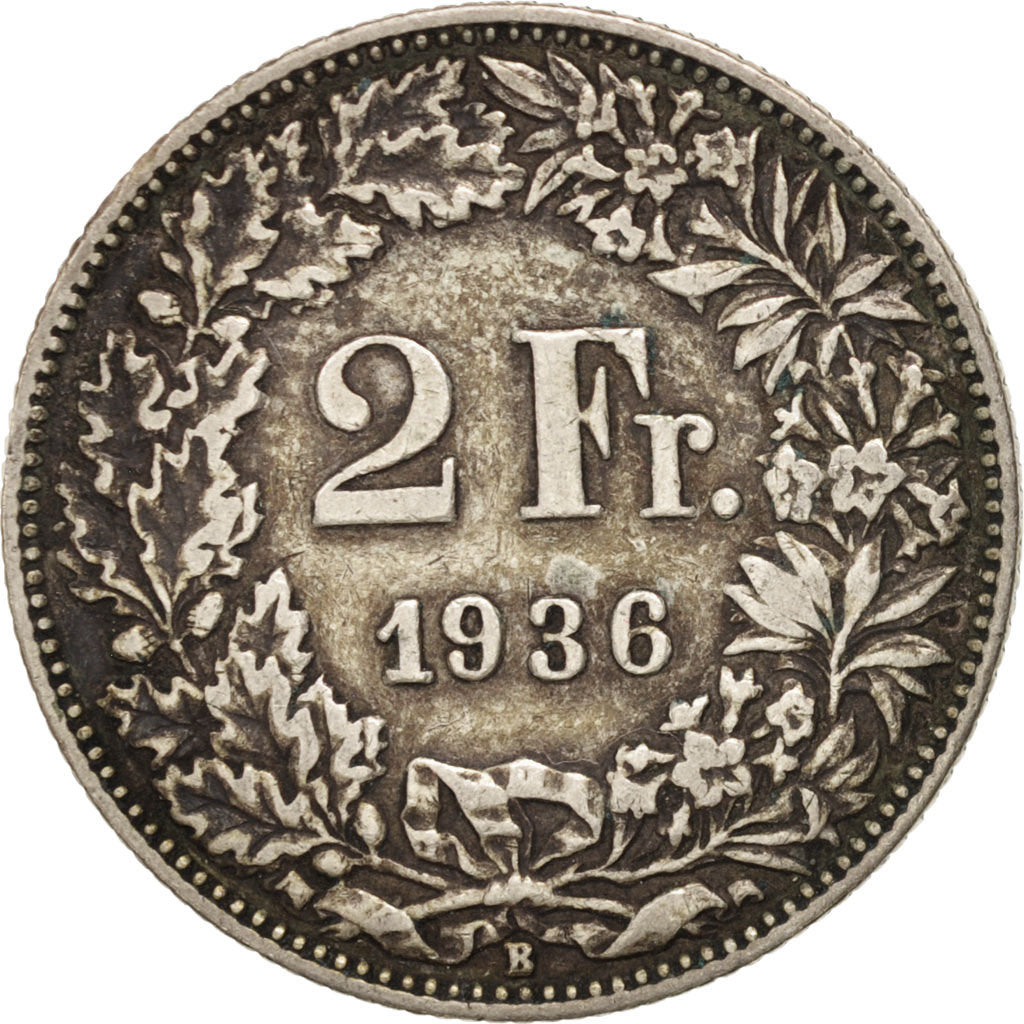 Switzerland, 2 Francs, 1936, Bern, EF(40-45), Silver, KM:21