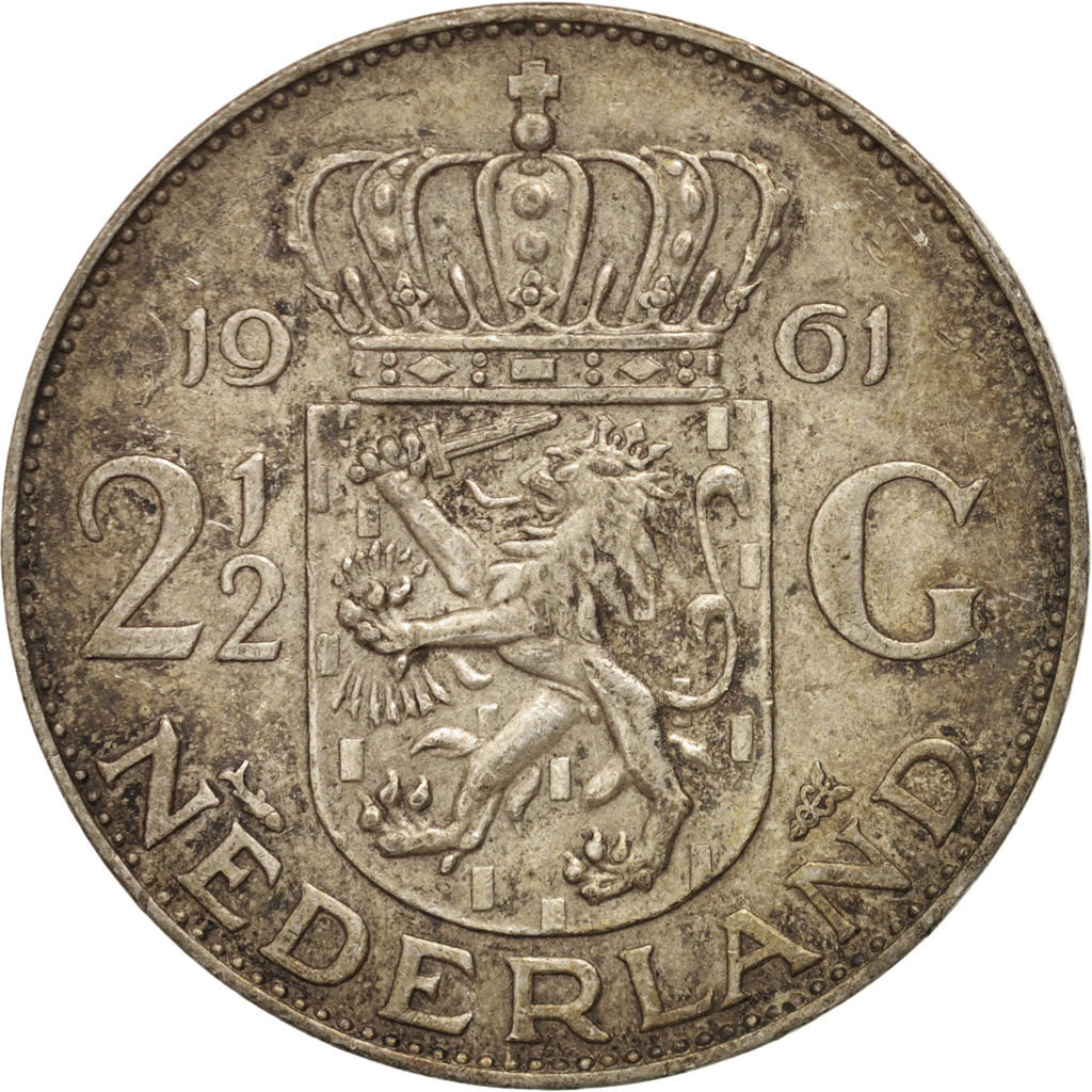 Netherlands, Juliana, 2-1/2 Gulden, 1961, AU(50-53), Silver