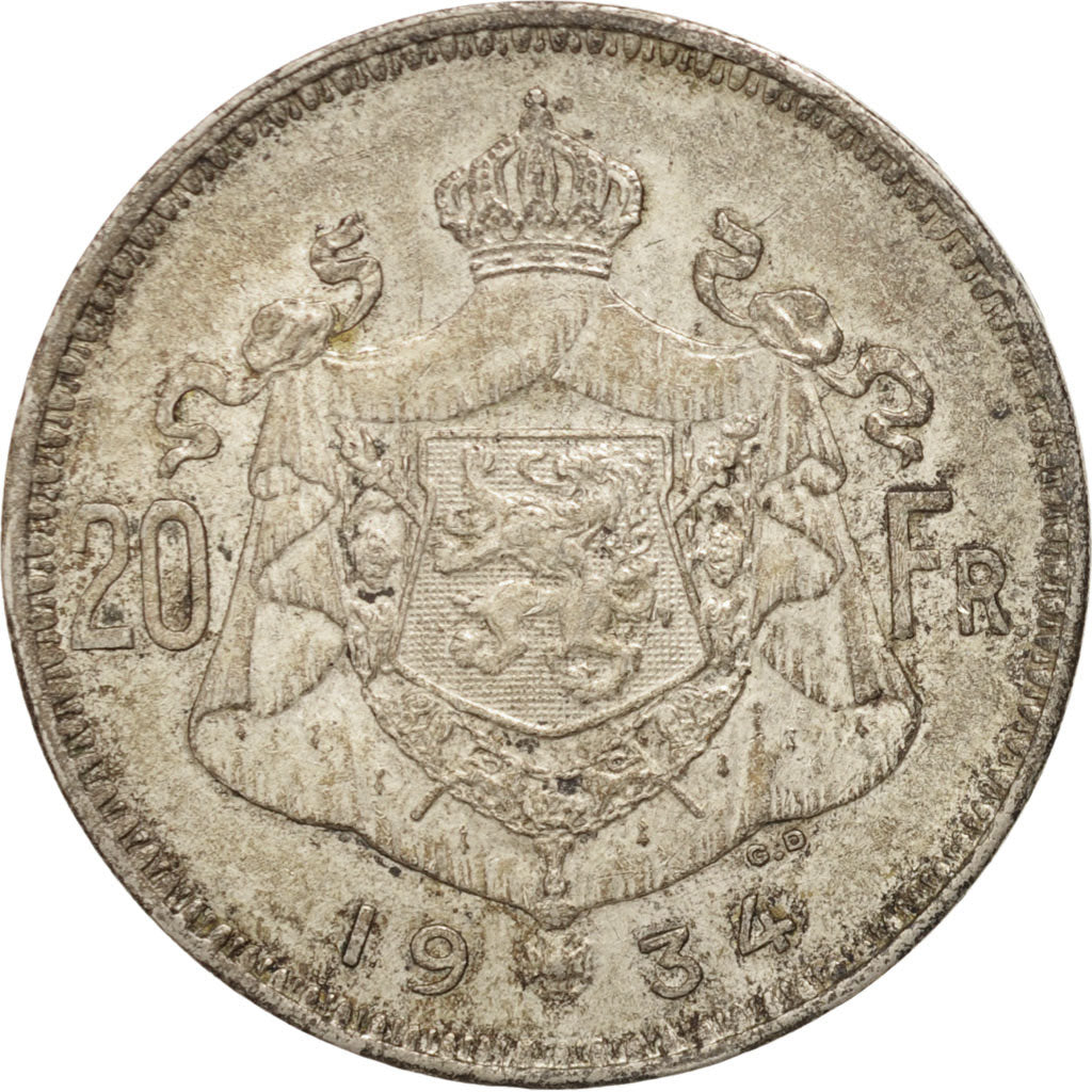 Belgium, 20 Francs, 20 Frank, 1934, EF(40-45), Silver, KM:104.1