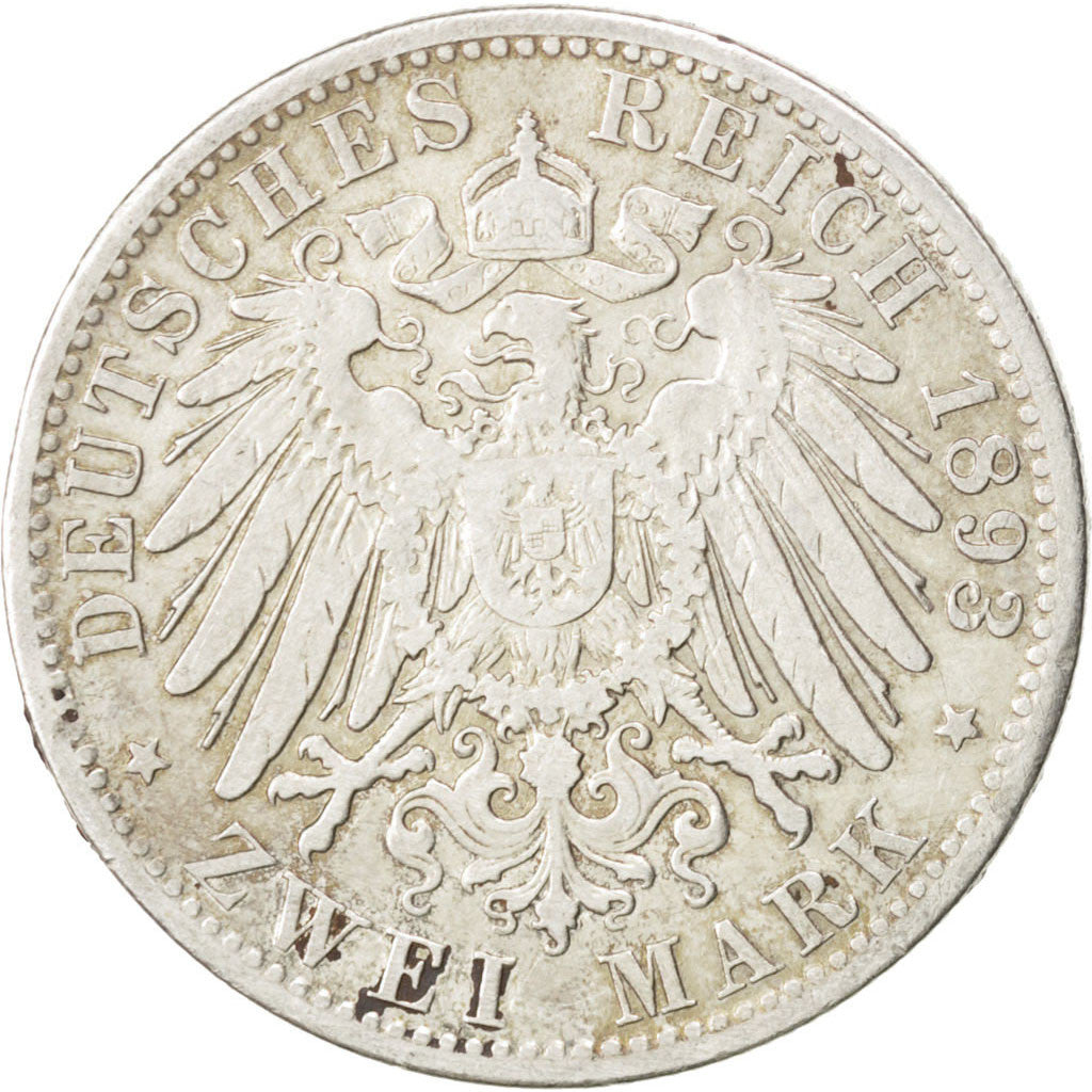 Coin, German States, BAVARIA, Otto, 2 Mark, 1893, Munich, VF(30-35), Silver