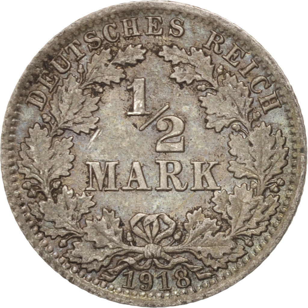 Coin, GERMANY - EMPIRE, 1/2 Mark, 1918, Berlin, MS(63), Silver, KM:17
