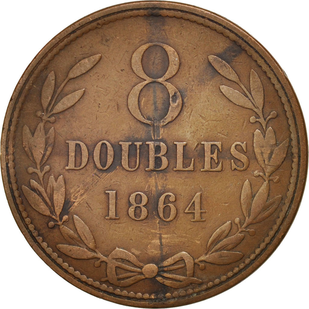 Coin, Guernsey, 8 Doubles, 1864, Heaton, Birmingham, VF(30-35), Bronze, KM:7