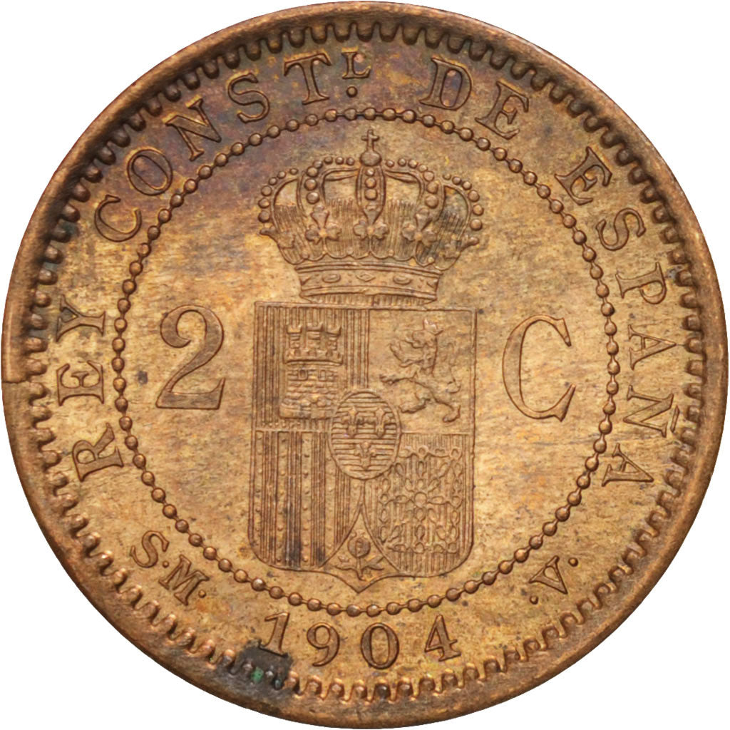 Spain, Alfonso XIII, 2 Centimos, 1904, Madrid, AU(55-58), Copper, KM:722