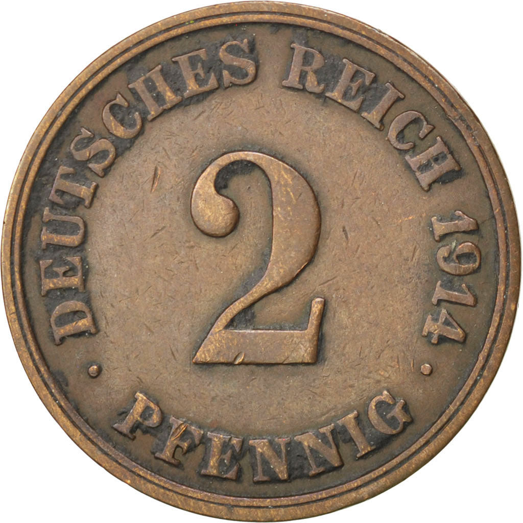 GERMANY - EMPIRE, 2 Pfennig, 1914, Muldenhütten, KM #16, EF(40-45), Copper, 20,.
