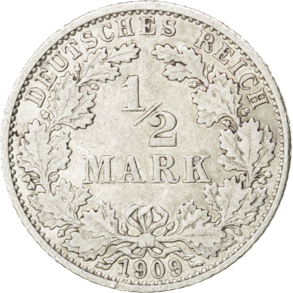 Coin, GERMANY - EMPIRE, 1/2 Mark, 1909, Karlsruhe, EF(40-45), Silver, KM:17