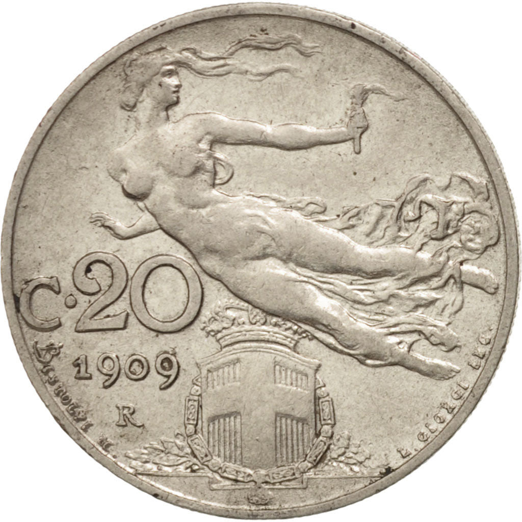 Italy, Vittorio Emanuele III, 20 Centesimi, 1909, Rome, AU(50-53), Nickel, KM:44