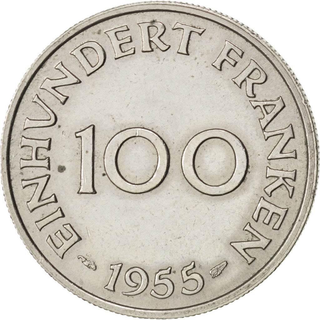 SAARLAND, 100 Franken, 1955, Paris, KM #4, AU(50-53), Copper-Nickel, 24, 6.11