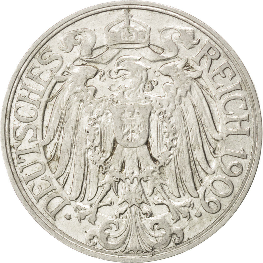 Coin, GERMANY - EMPIRE, Wilhelm II, 25 Pfennig, 1909, Munich, AU(50-53), Nickel
