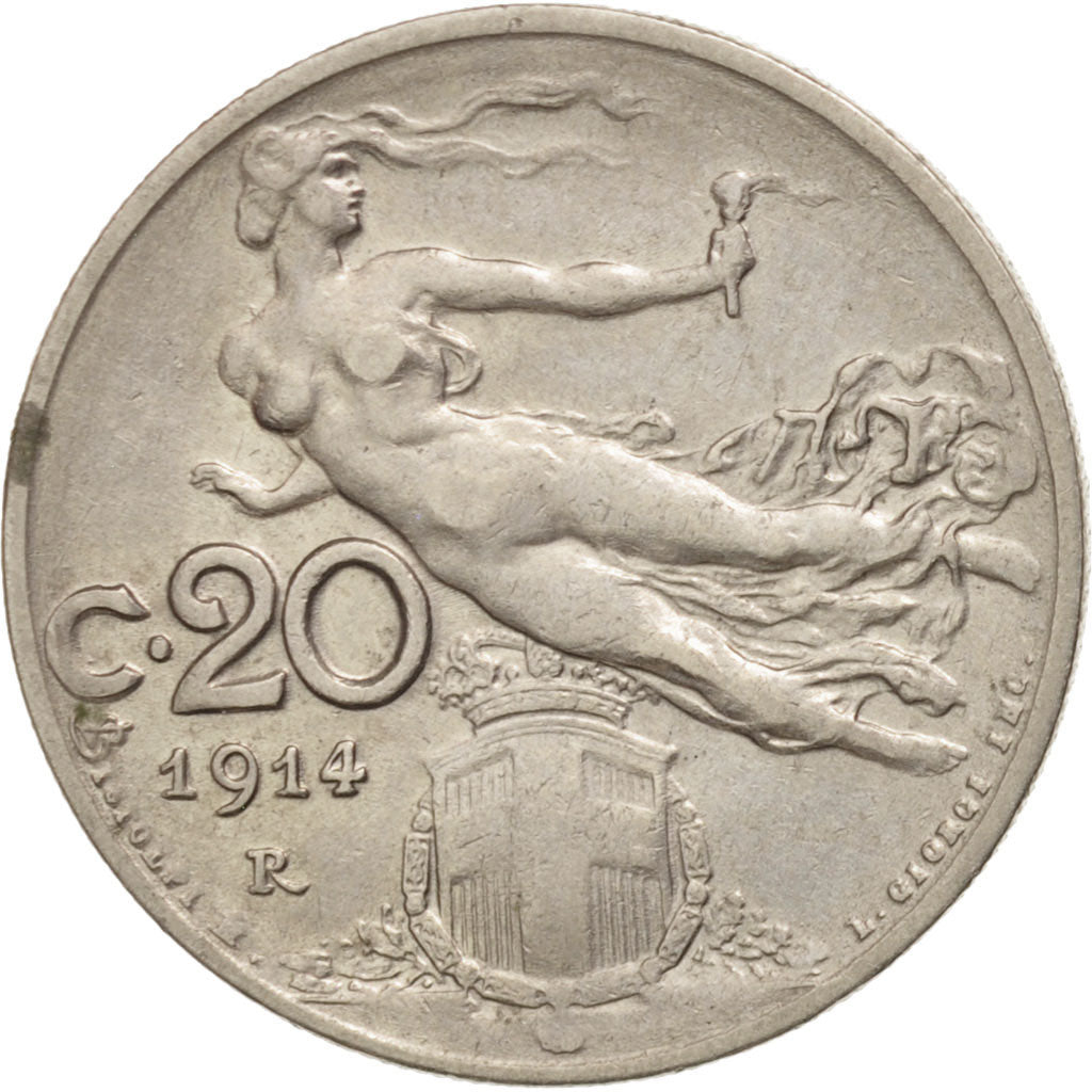 Italy, Vittorio Emanuele III, 20 Centesimi, 1914, Rome, AU(50-53), Nickel, KM:44