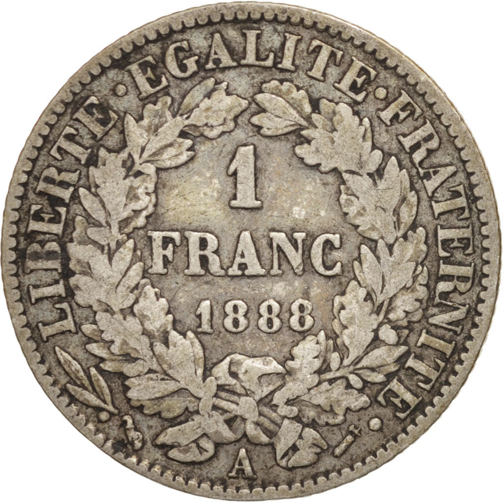 France, Cérès, Franc, 1888, Paris, VF(30-35), Silver, KM:822.1, Gadoury:465a