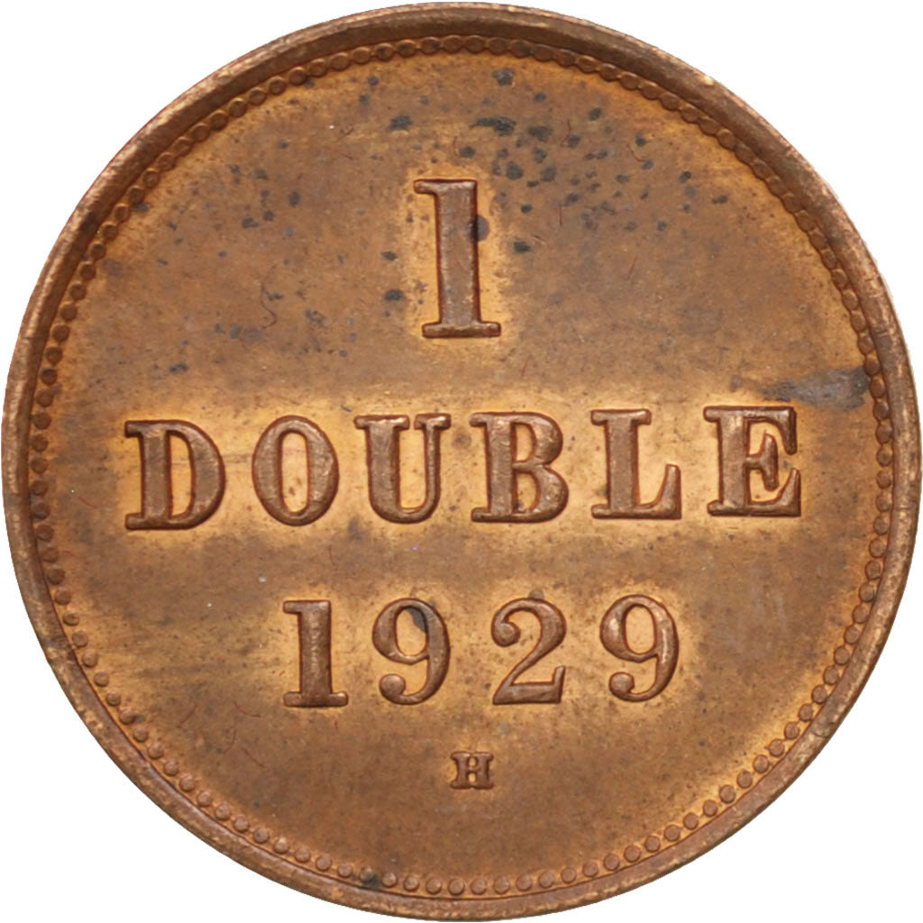 Guernsey, Double, 1929, Heaton, Birmingham, MS(60-62), Bronze, KM:11
