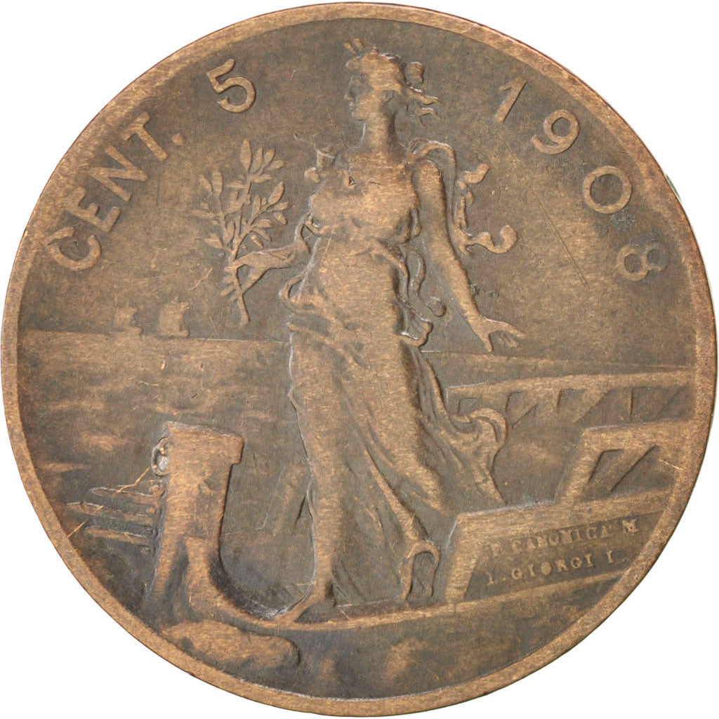 ITALY, 5 Centesimi, 1908, Rome, KM #42, VF(20-25), Bronze, 25, 4.67