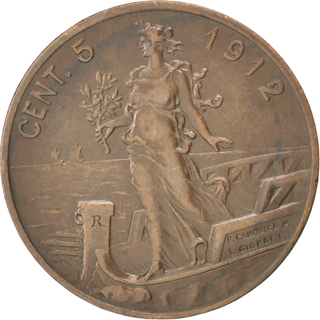 ITALY, 5 Centesimi, 1912, Rome, KM #42, AU(50-53), Bronze, 25, 4.86