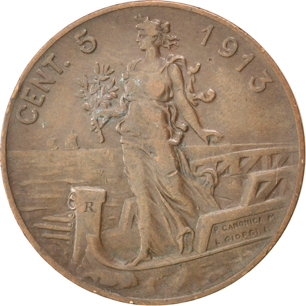 ITALY, 5 Centesimi, 1913, Rome, KM #42, EF(40-45), Bronze, 25, 4.97