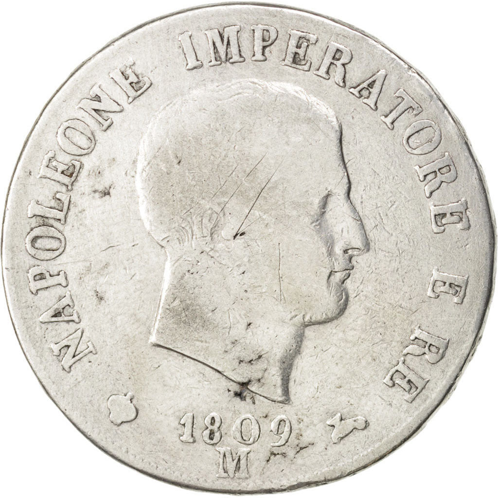 ITALIAN STATES, 5 Lire, 1809, Milan, KM #10.1, F(12-15), Silver, 24.55