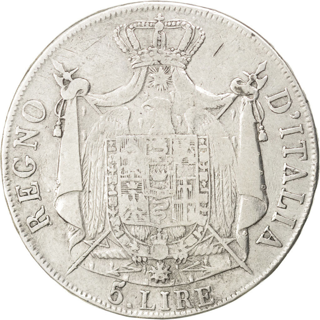 ITALIAN STATES, 5 Lire, 1809, Milan, KM #10.1, F(12-15), Silver, 24.55