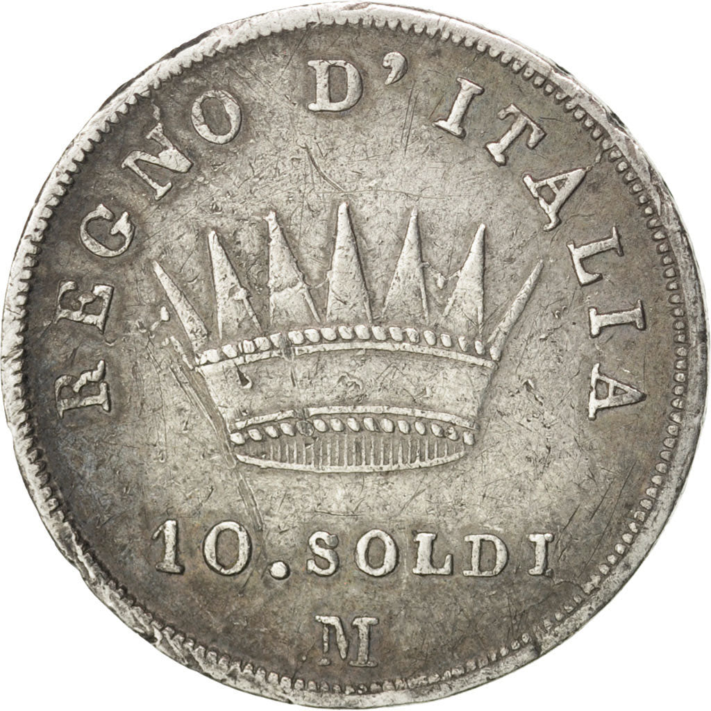 ITALIAN STATES, 10 Soldi, 1811, Milan, KM #6.1, VF(20-25), Silver, 2.44