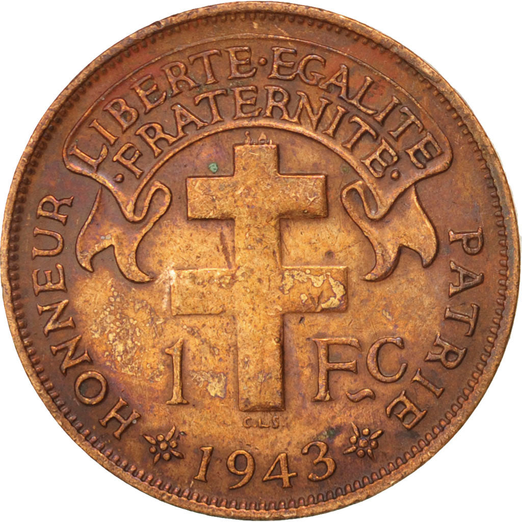 Madagascar, Franc, 1943, Pretoria, VF(30-35), Bronze, KM:2