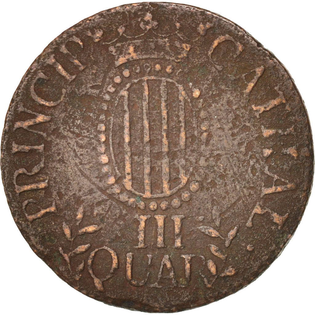 Spain, CATALONIA, Ferdinand VII, 3 Quartos, 1812, Barcelone, F(12-15), Copper