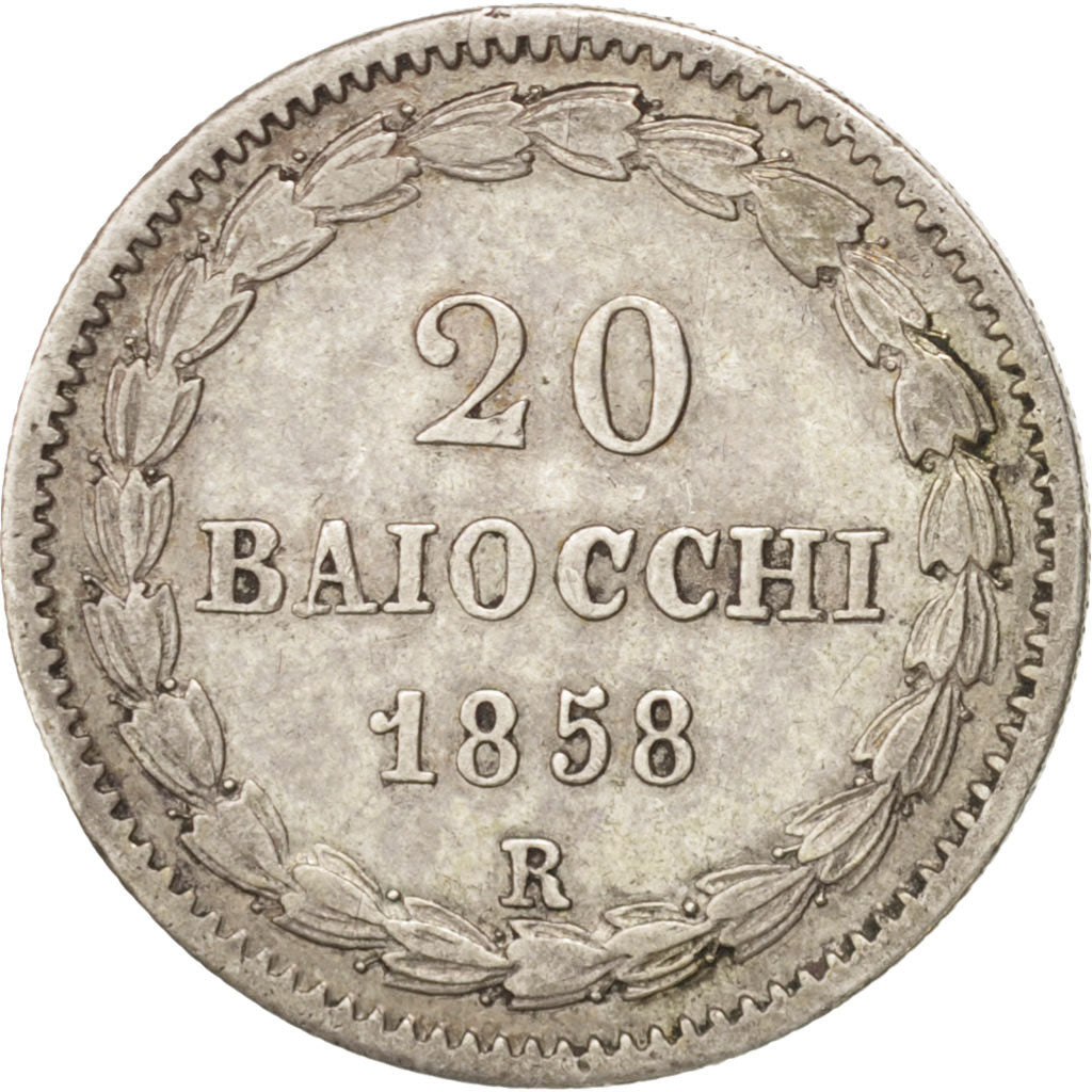 ITALIAN STATES, PAPAL STATES, Pius IX, 20 Baiocchi, 1858, Roma, EF(40-45)