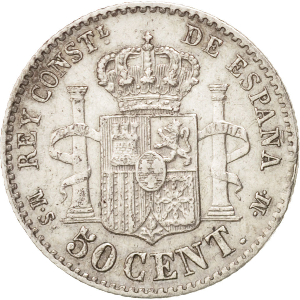 Coin, Spain, Alfonso XII, 50 Centimos, 1885, Madrid, AU(50-53), Silver, KM:685