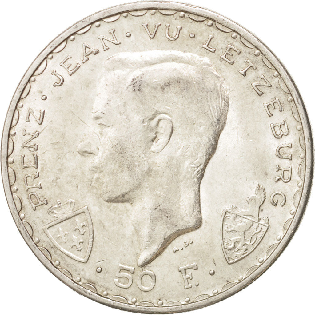Luxembourg, Charlotte, 50 Francs, 1946, Luxembourg, AU(50-53), Silver, KM:48