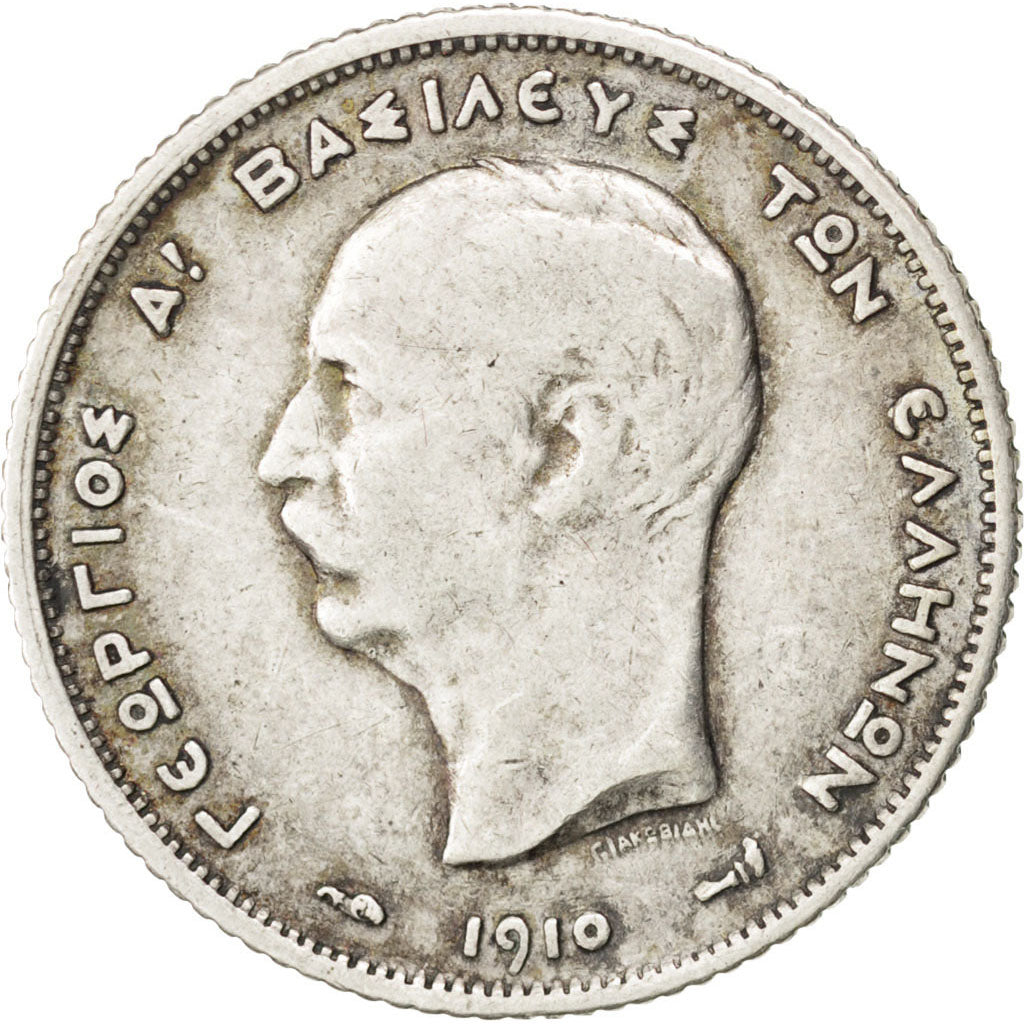 GREECE, Drachma, 1910, Paris, KM #60, VF(20-25), Silver, 4.92