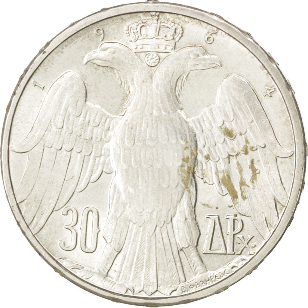 GREECE, 30 Drachmai, 1964, KM #87, AU(55-58), Silver, 30.3, 12.07