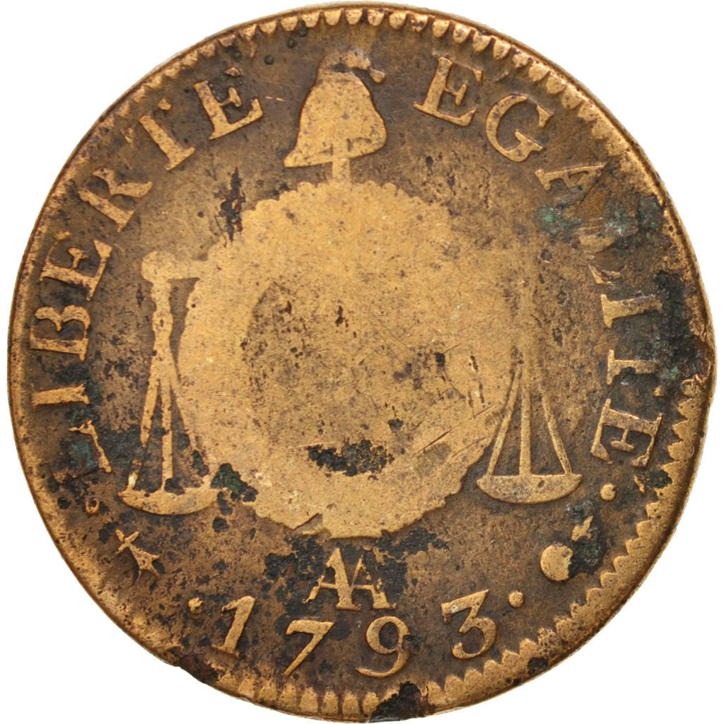 France, Sol aux balances françoise, Sol, 1793, Metz, VG(8-10), Bronze